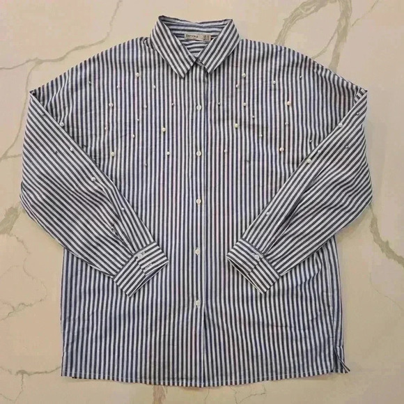 Bershka Button Down Pearl Embroidered Striped Shirt Womens Blue White Size XS - Picture 3 of 10